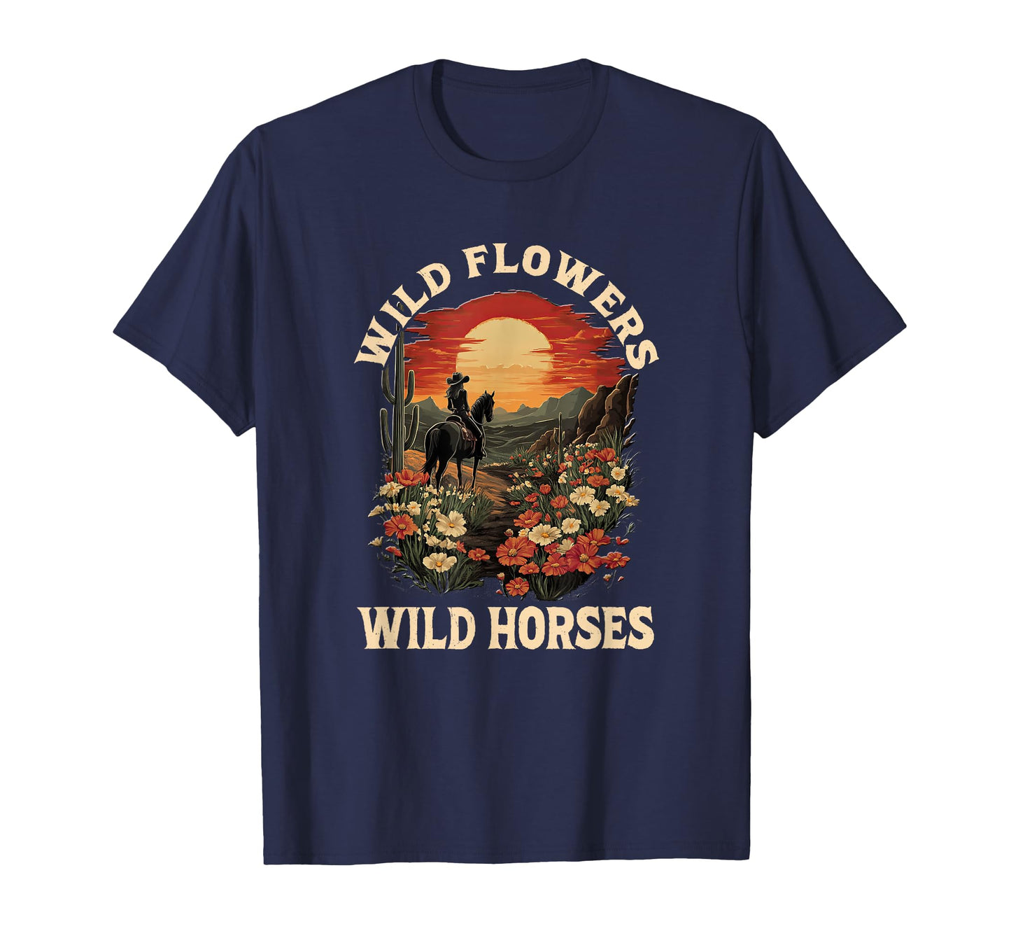 western sunset cowgirl riding horse wild flowers wild horses T-Shirt