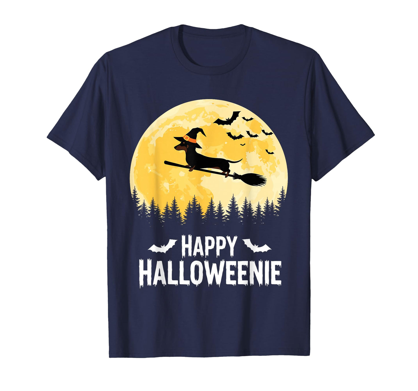 Happy Halloweenie Funny Halloween Dachshund Flying Witch T-Shirt