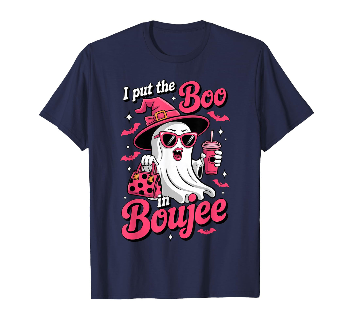 Boujee Ghost Pink Witch Hat Spooky Season Womens Halloween T-Shirt