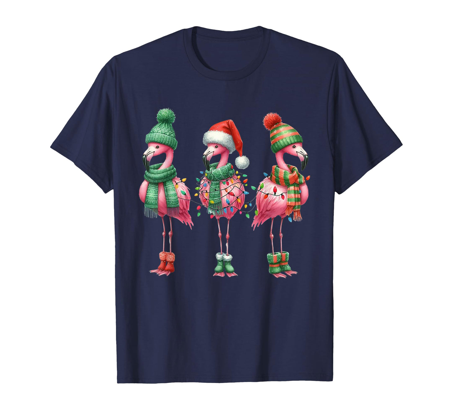 Merry Christmas Cute Flamingo Santa Snow Xmas Lights Pajamas T-Shirt