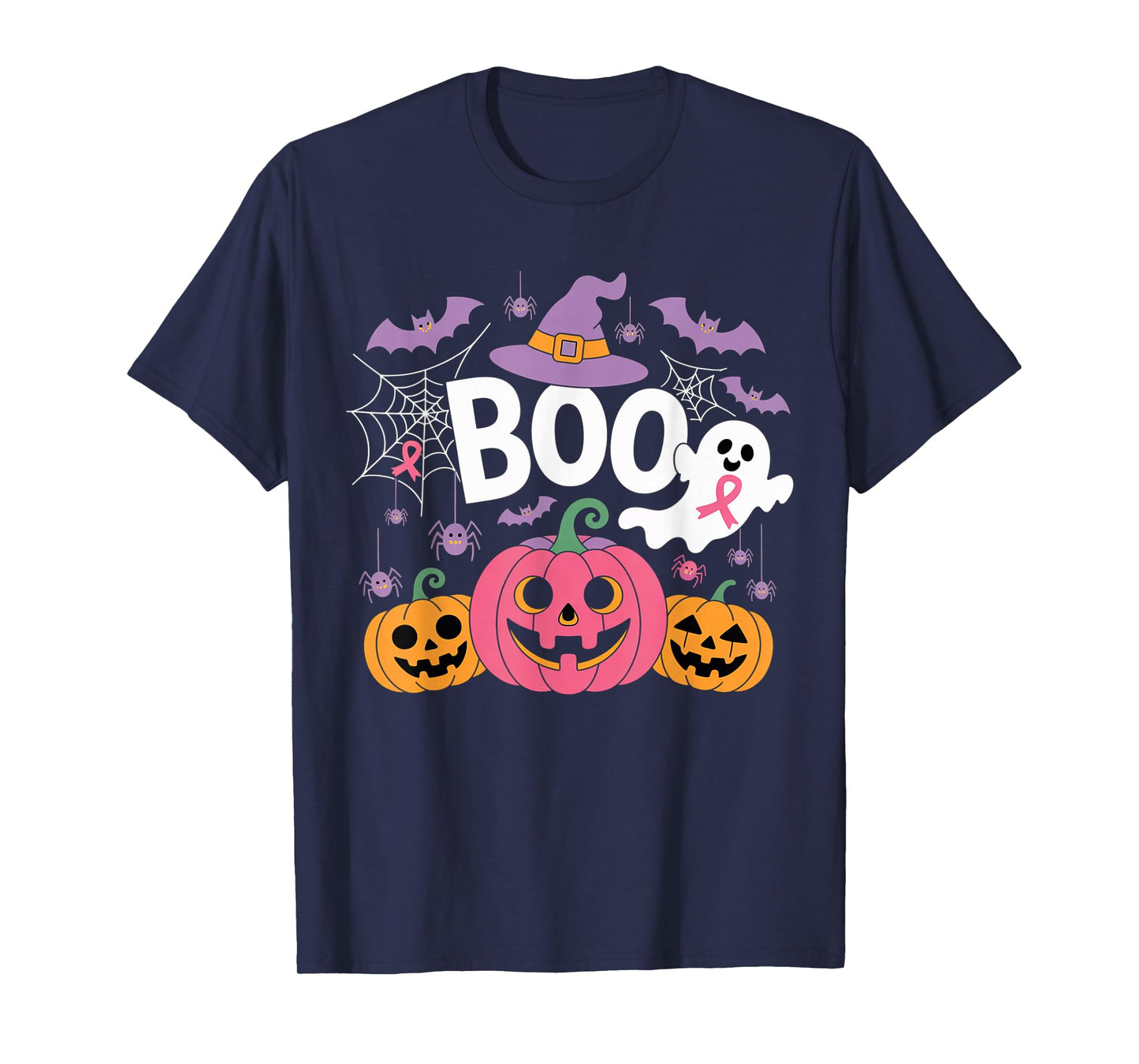 Boo Halloween Pumpkin Pink Ribbon Witch Cancer Awareness T-Shirt