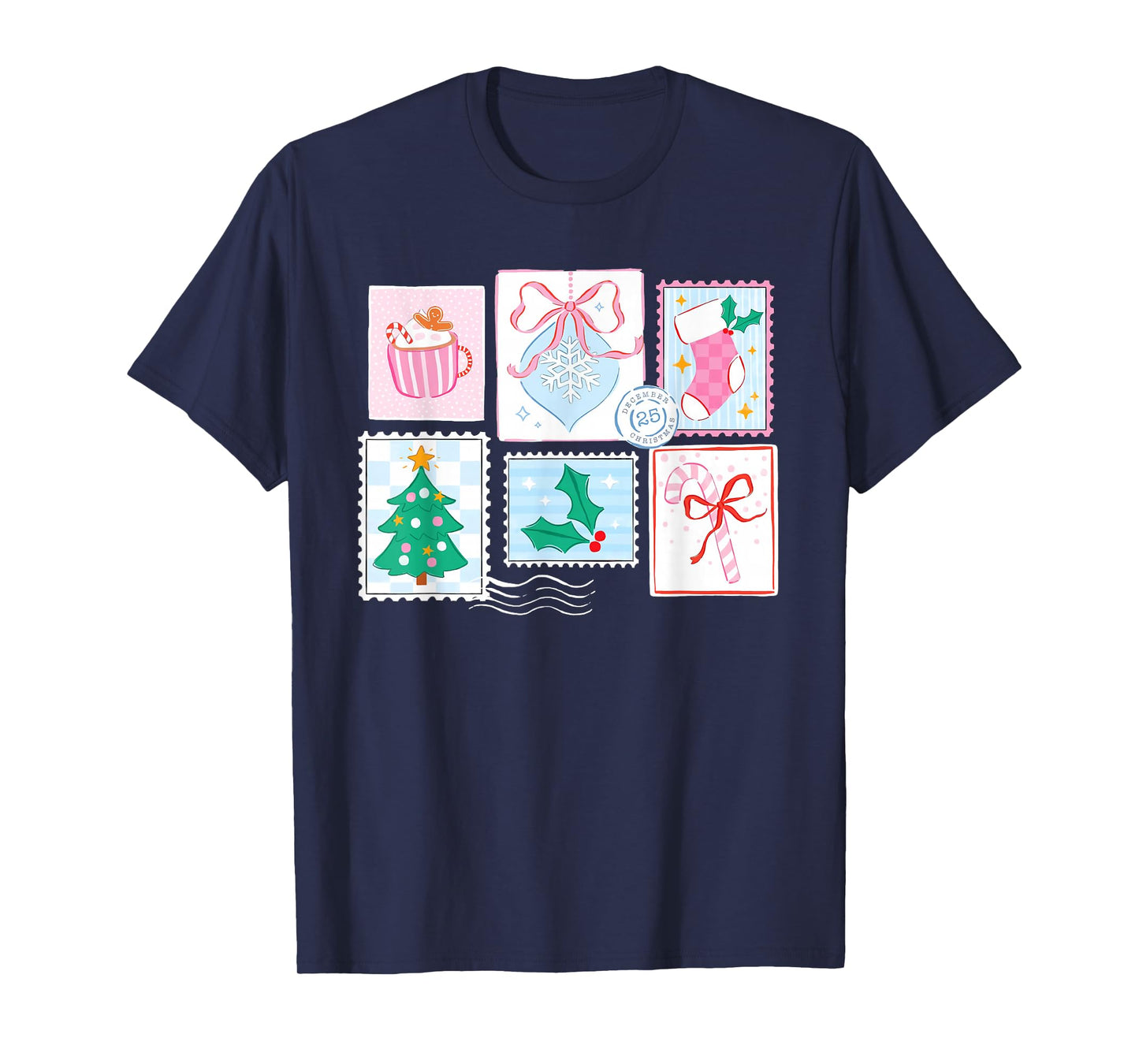 Preppy Pink Coquette Girly Vintage Christmas Stamp Santa T-Shirt