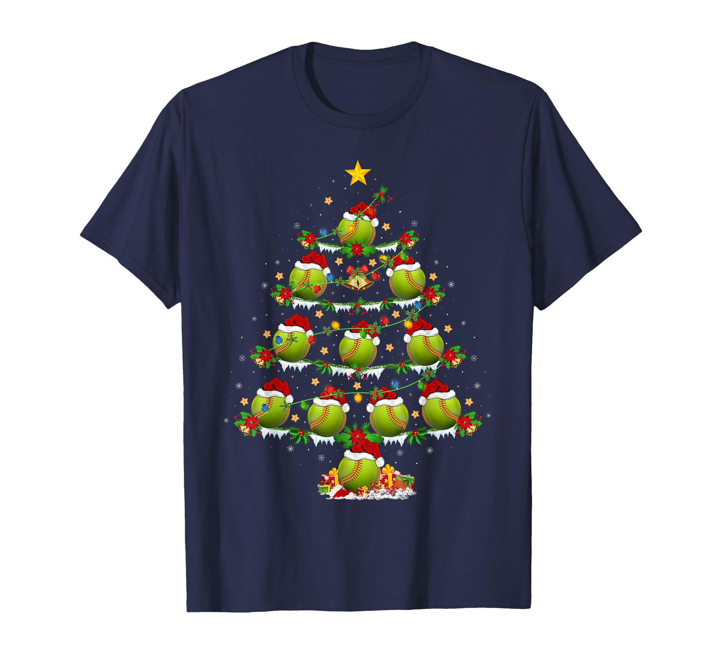 Baseball Softball Christmas Tree Lights Sports Player Xmas T-Shirt