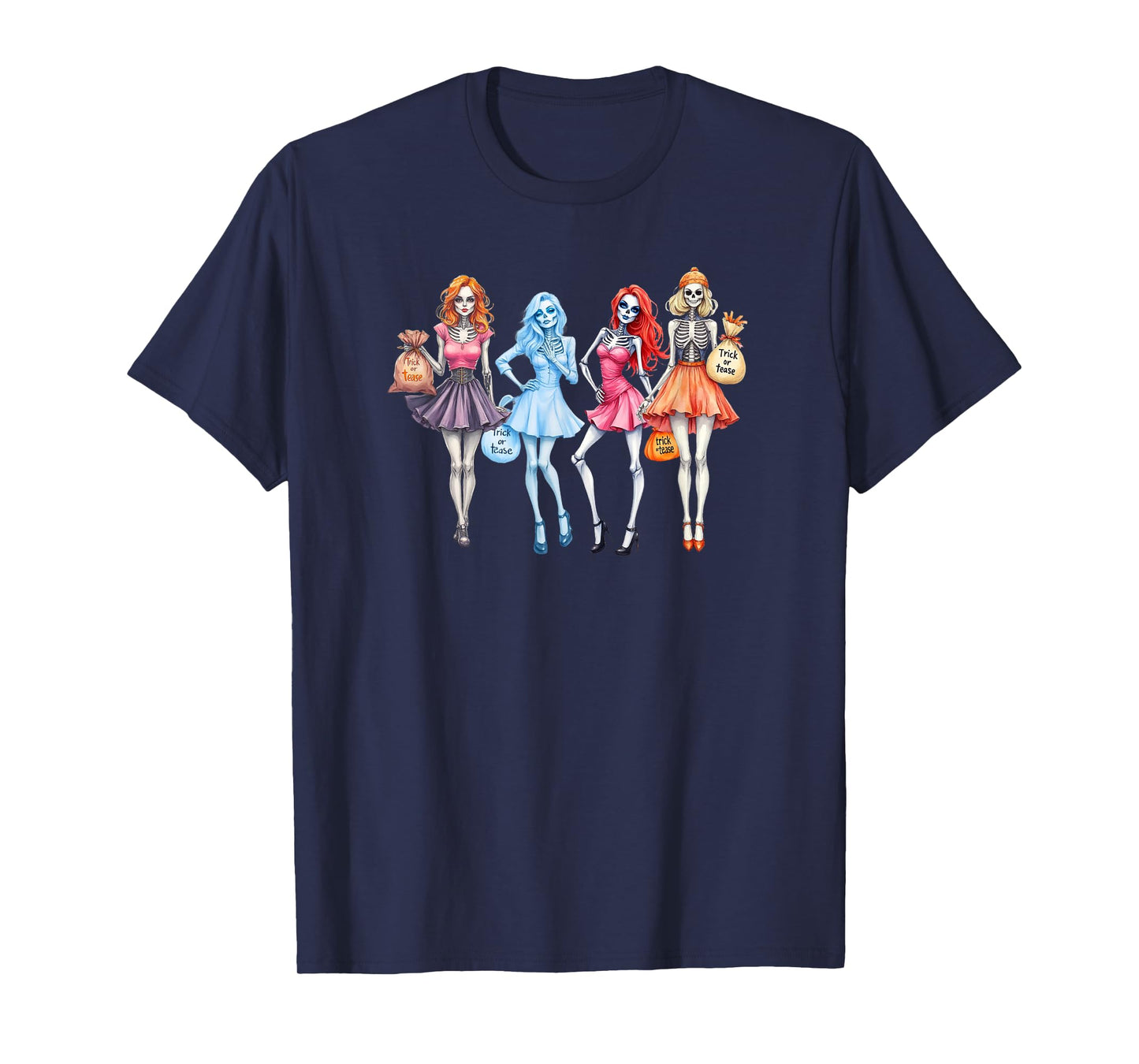 Trick or Tease Halloween Witch Skeleton Pumpkin Ghost T-Shirt