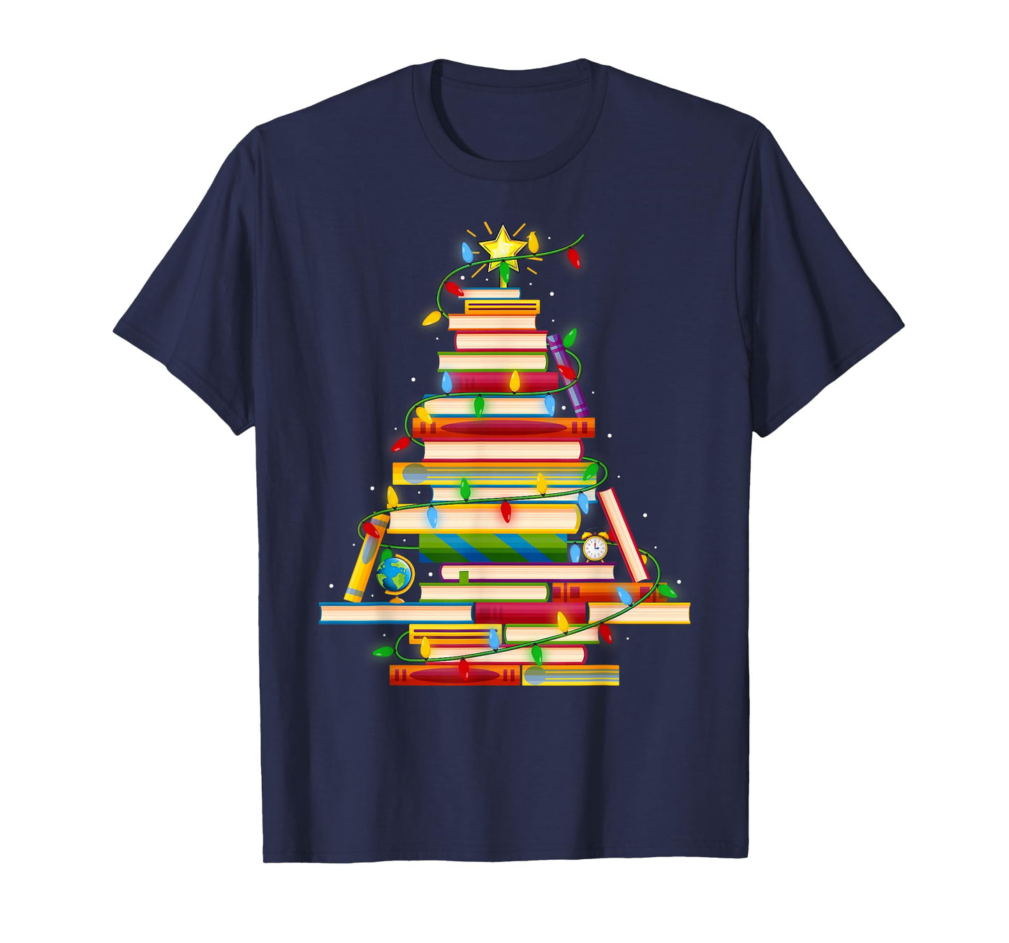 Book Christmas Tree Lights Book Lover Librarian Teacher Xmas T-Shirt