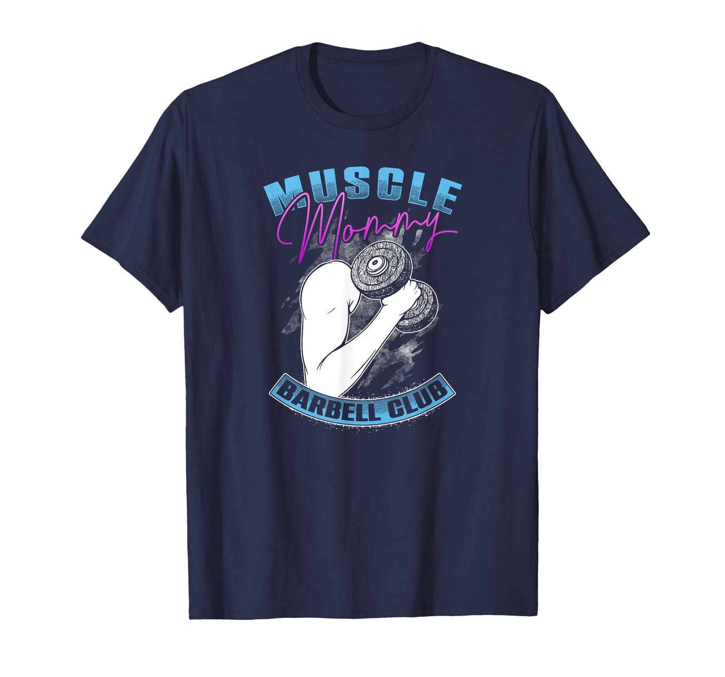 Retro Blue Pink Muscle Mommy Barbell Lifting Club T-Shirt