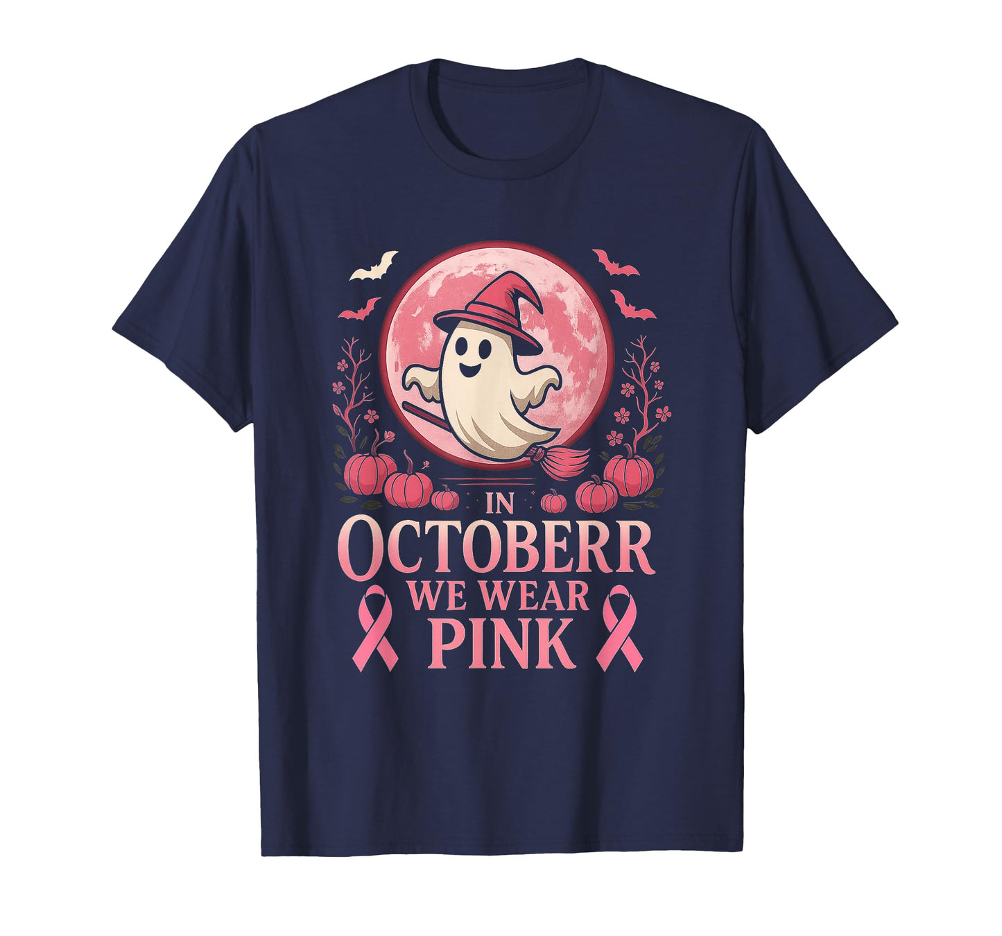 in October We Wear Pink Ghost Witch Breast Cancer Ribbon T-Shirt