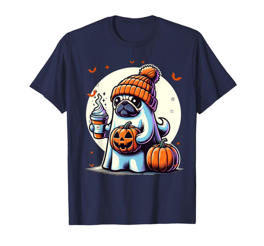 Ghost Pug Pumpkin Drinks Beanie Fall Halloween T-Shirt