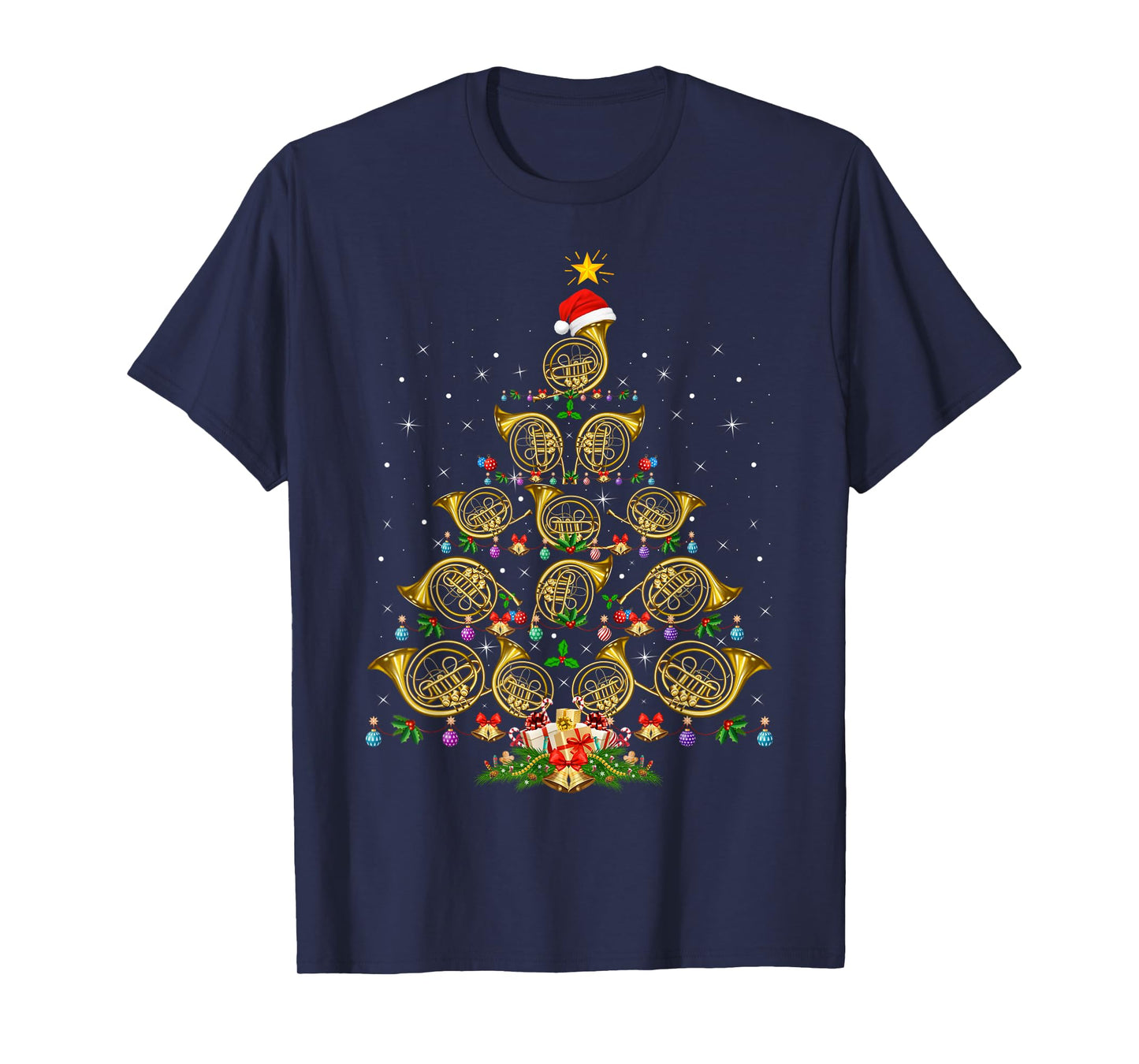Musical French Horn Christmas Tree Lights Music Lover Xmas T-Shirt