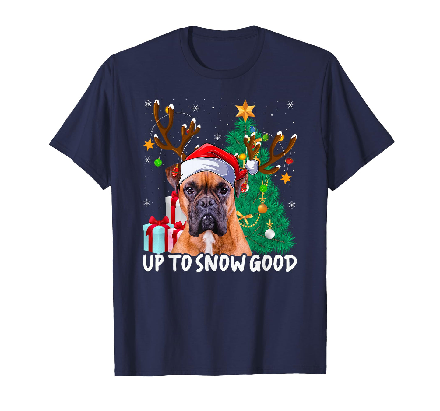 Boxer Dog Christmas Tree Lights Reindeer Santa Hat Xmas T-Shirt