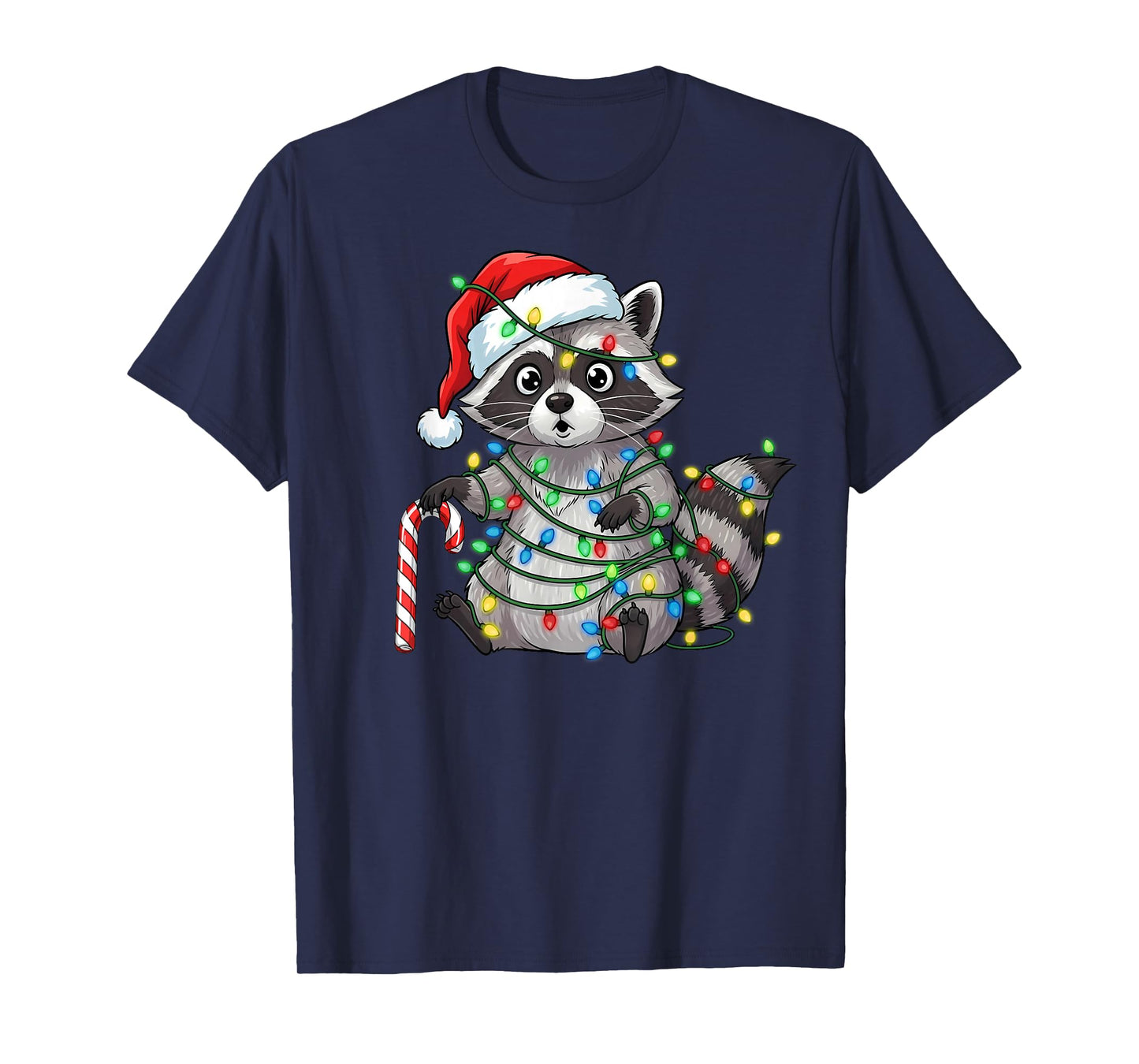 Cute Raccoon Tangled in Christmas Lights Wearing Santa Hat T-Shirt