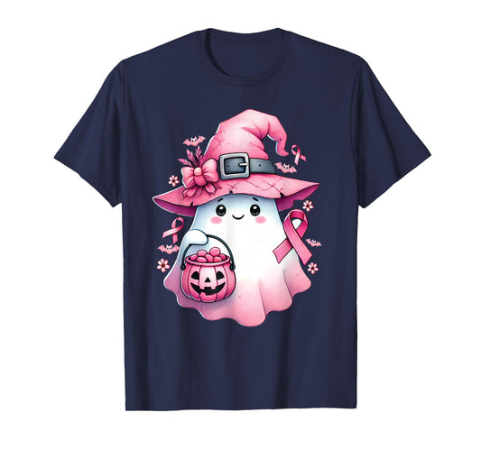 In October We Wear Pink Cute Ghost Pumpkin Breast Cancer T-Shirt
