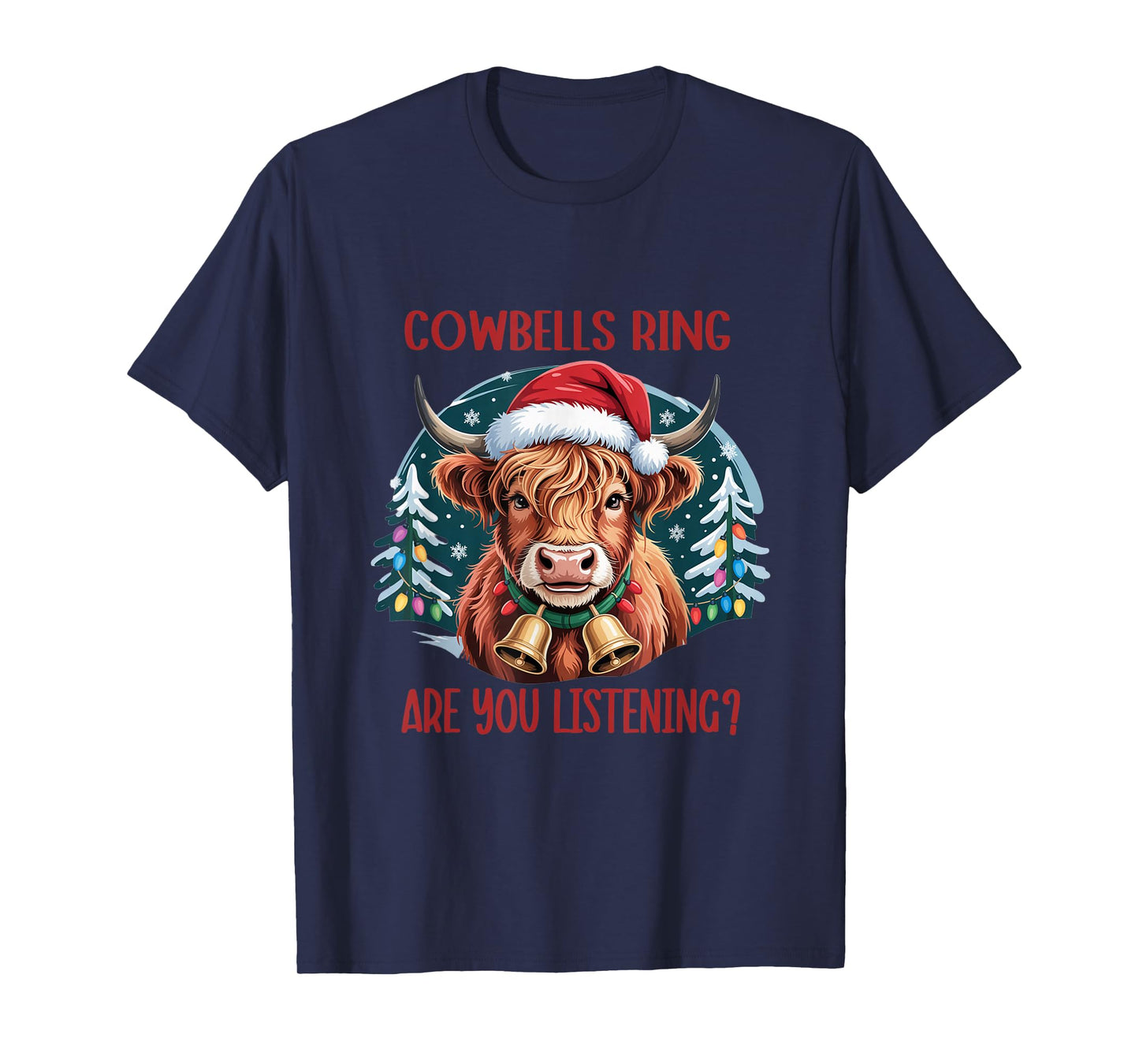 Cute Highland Cow Bells Funny Christmas Cows Lover Santa Hat T-Shirt