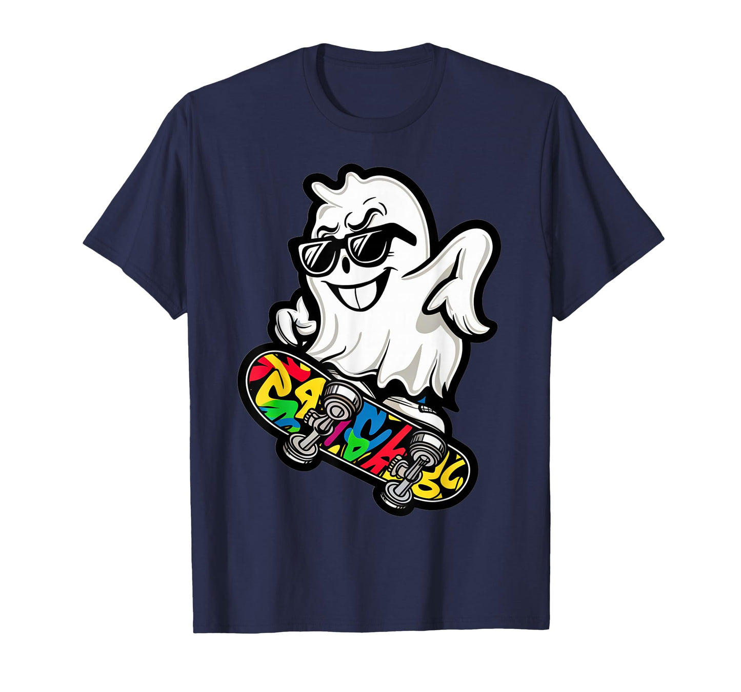 Funny Ghost On Skateboard Retro Halloween Costume Kids Boys T-Shirt