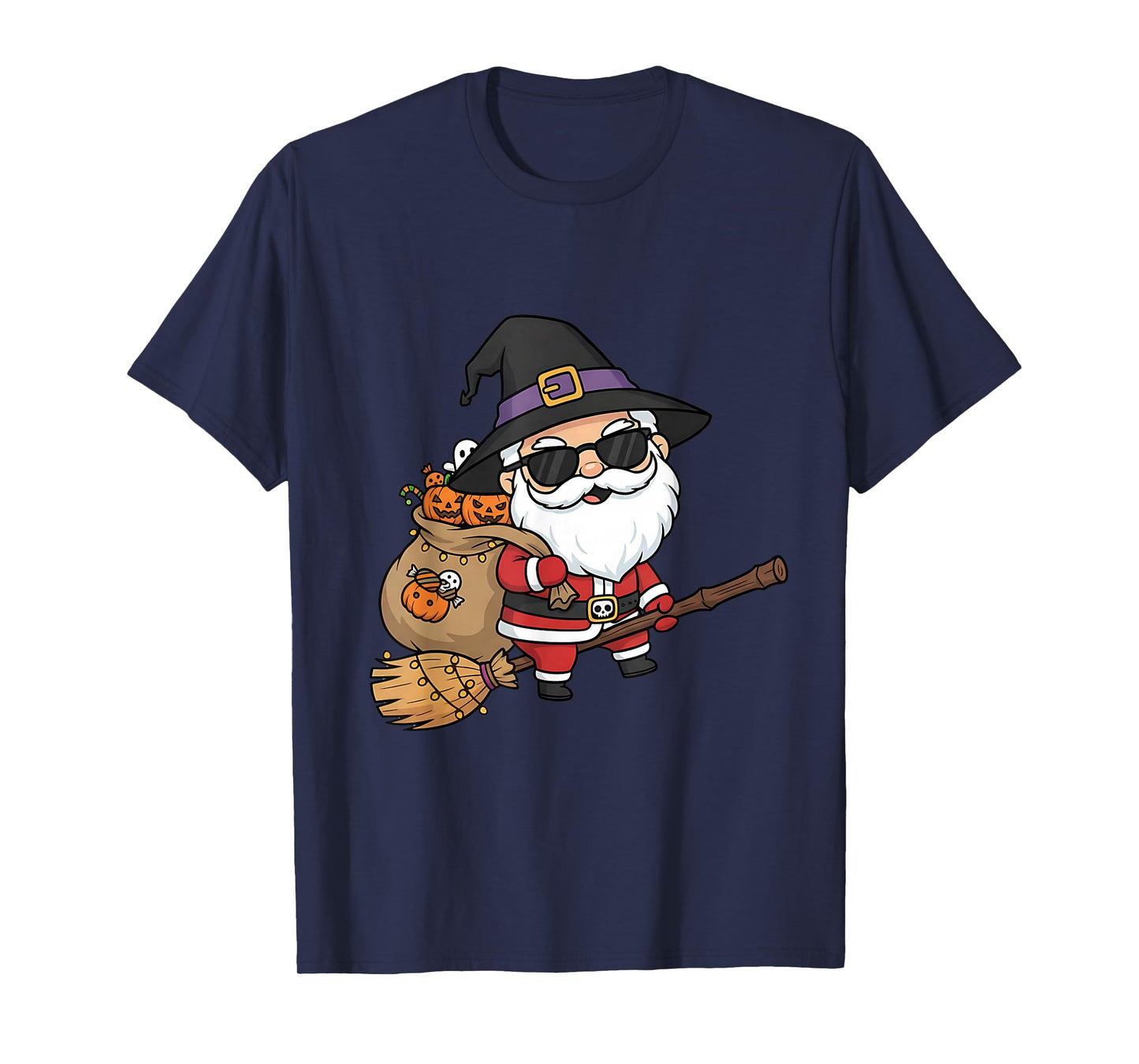 Halloween Santa Flying on Broom Funny Costume Art T-Shirt