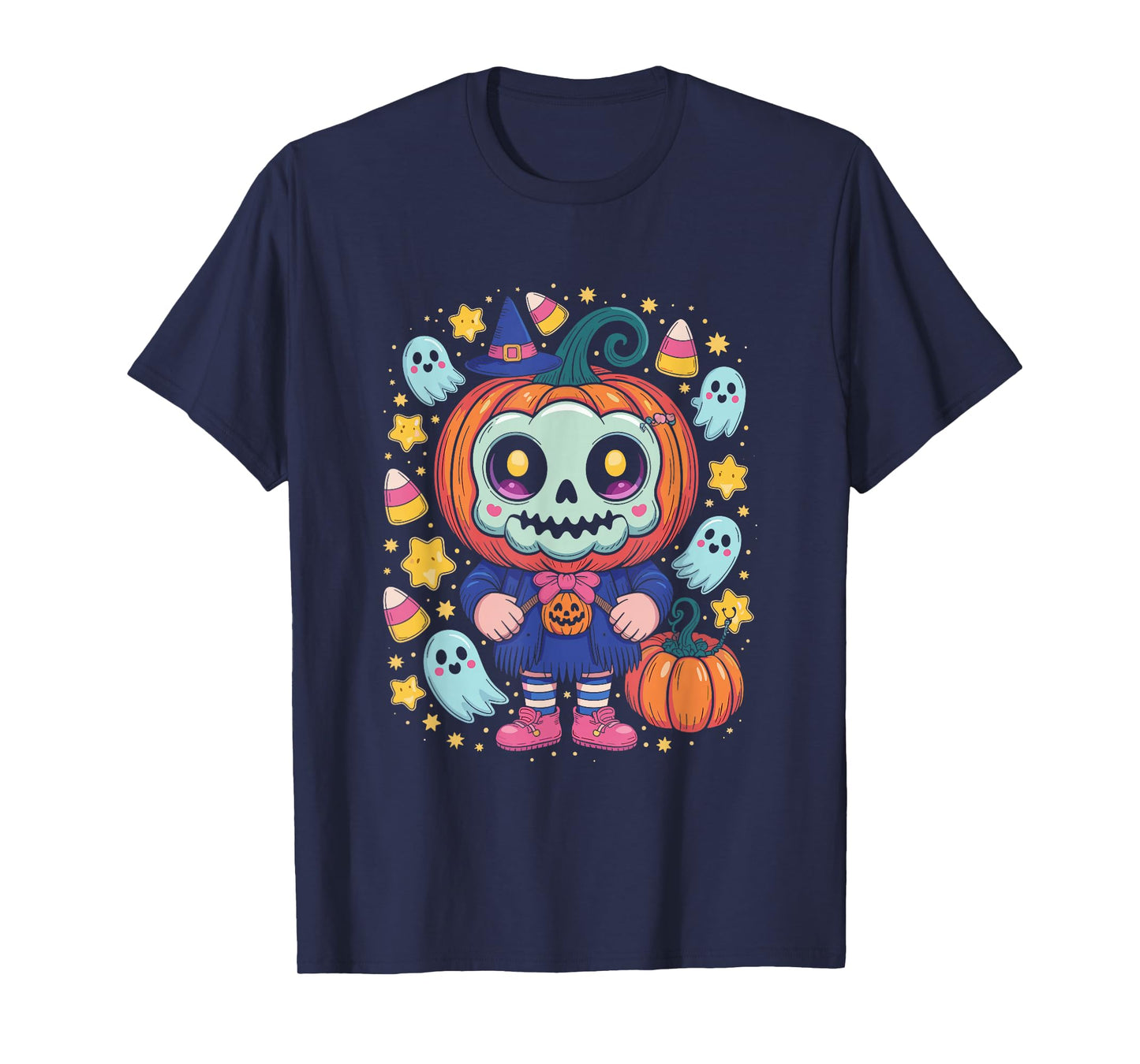 Pumpkin Girl Cute Skull Witch Candy Ghosts Halloween T-Shirt