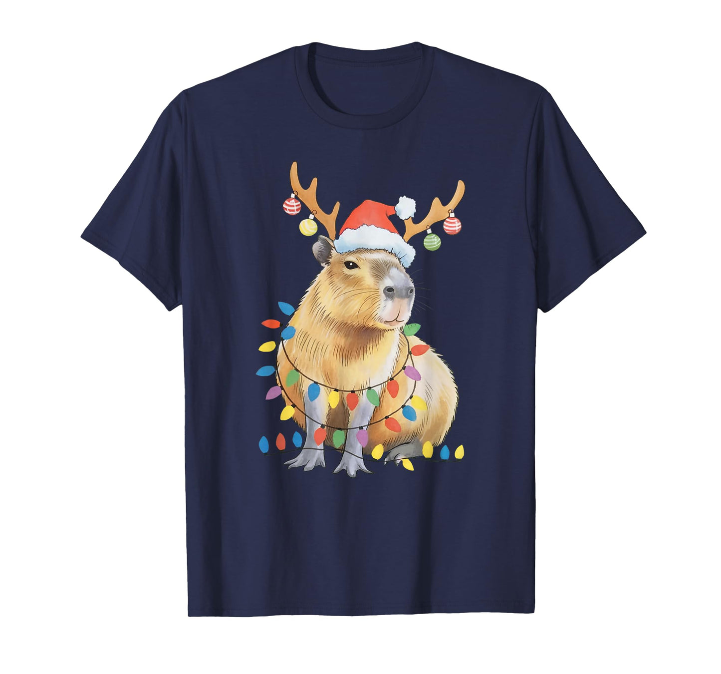 Cute Capybara Christmas Lights Reindeer Capybara Santa Xmas T-Shirt