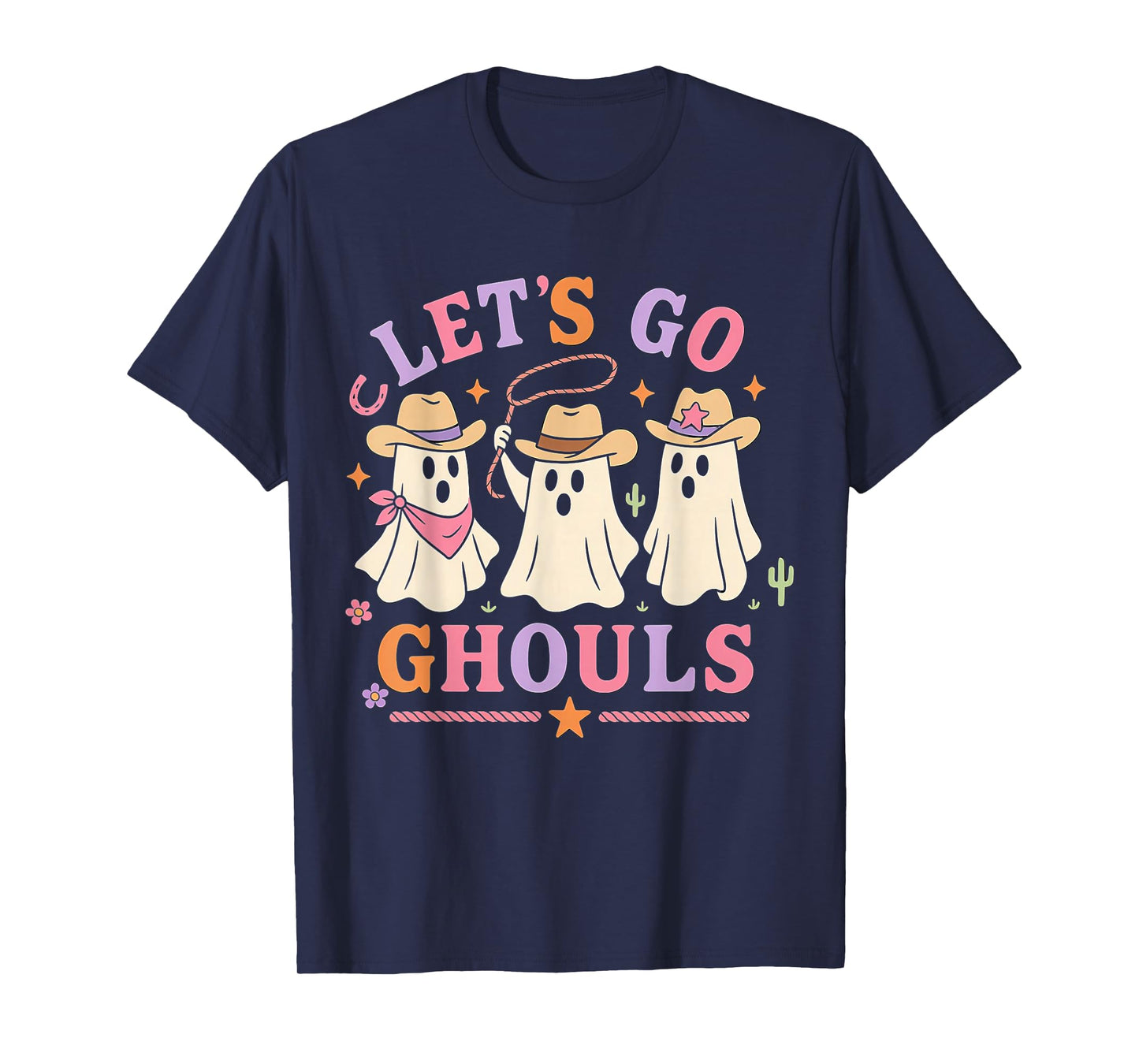 Let's Go Ghouls Halloween Ghost Costume Retro Groovy Cowgirl T-Shirt