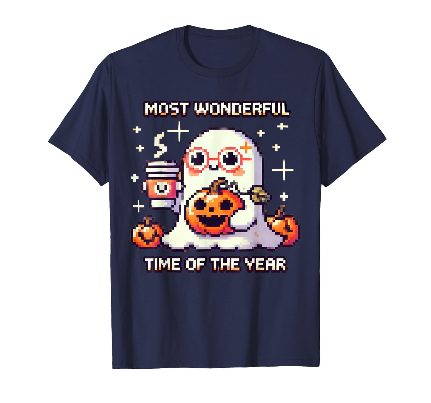 Halloween Pixel Ghost Drinking Coffee Lover Cute Ghost Gamer T-Shirt