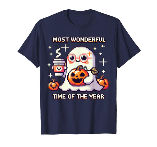 Halloween Pixel Ghost Drinking Coffee Lover Cute Ghost Gamer T-Shirt