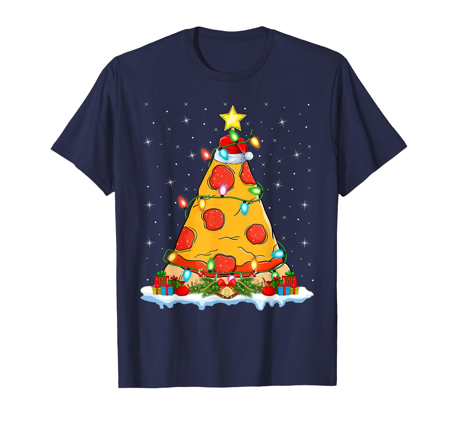 Pizza Christmas Tree Lights Santa Hat Fast Food Pizza Xmas T-Shirt