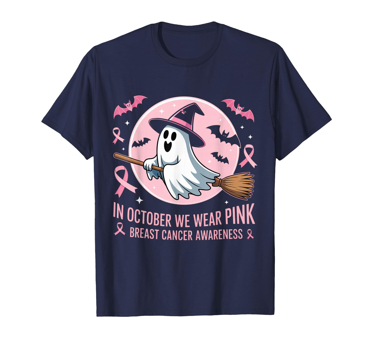 in October We Wear Pink Ghost Witch Breast Cancer Awareness T-Shirt