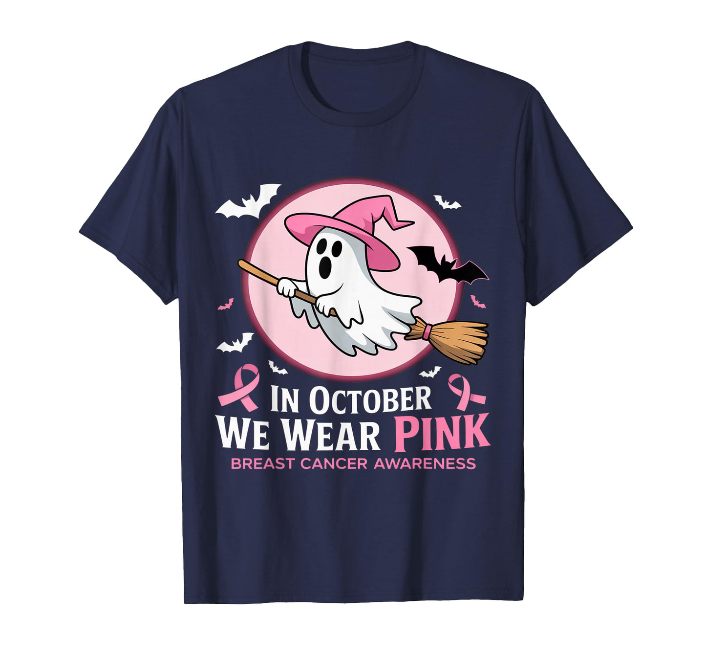 in October We Wear Pink Ghost Witch Breast Cancer Awareness T-Shirt