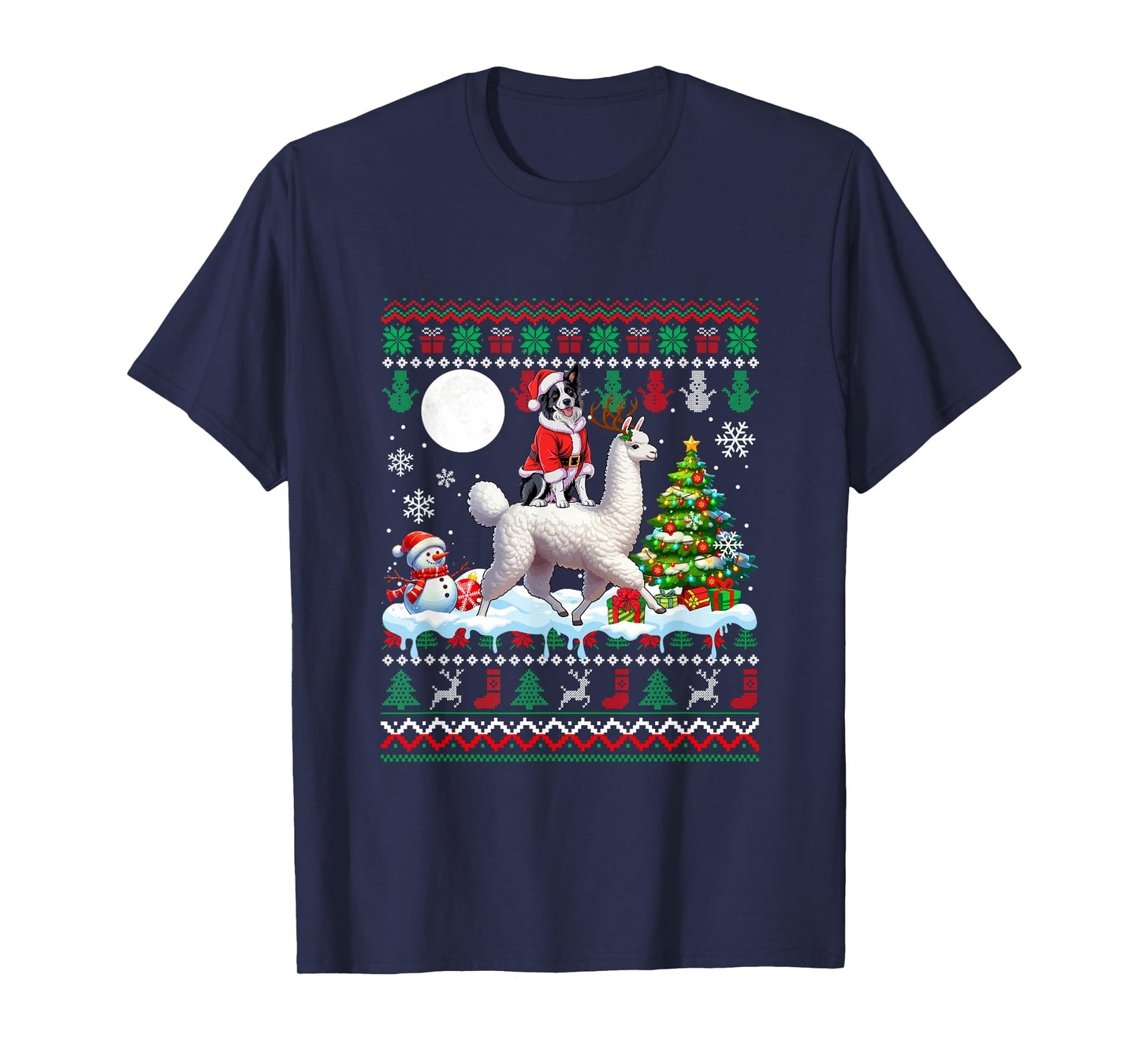 Santa Border Collie Riding Llama Sweater Christmas Owner T-Shirt