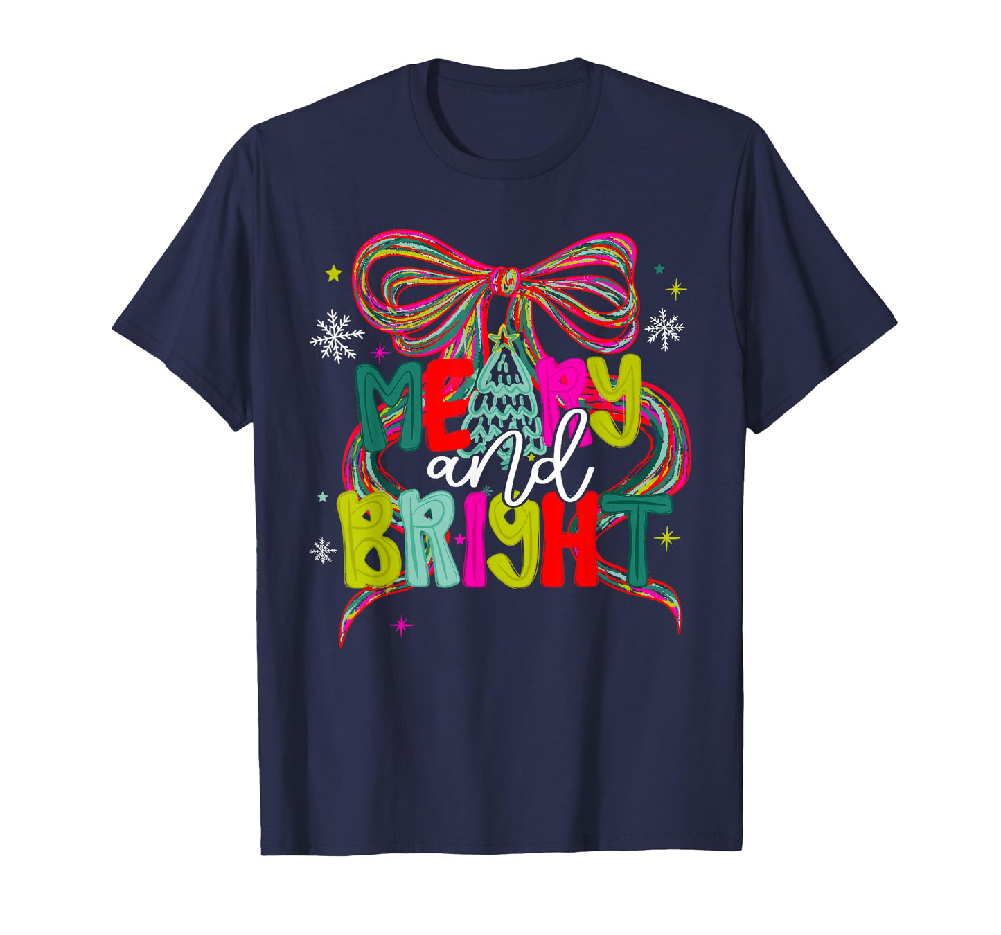 Merry and Bright Coquette Bow Christmas Snowflake Holiday T-Shirt