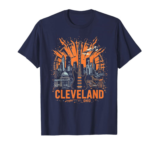 Vintage Cleveland Ohio Guitar Skyline Cityscape T-Shirt