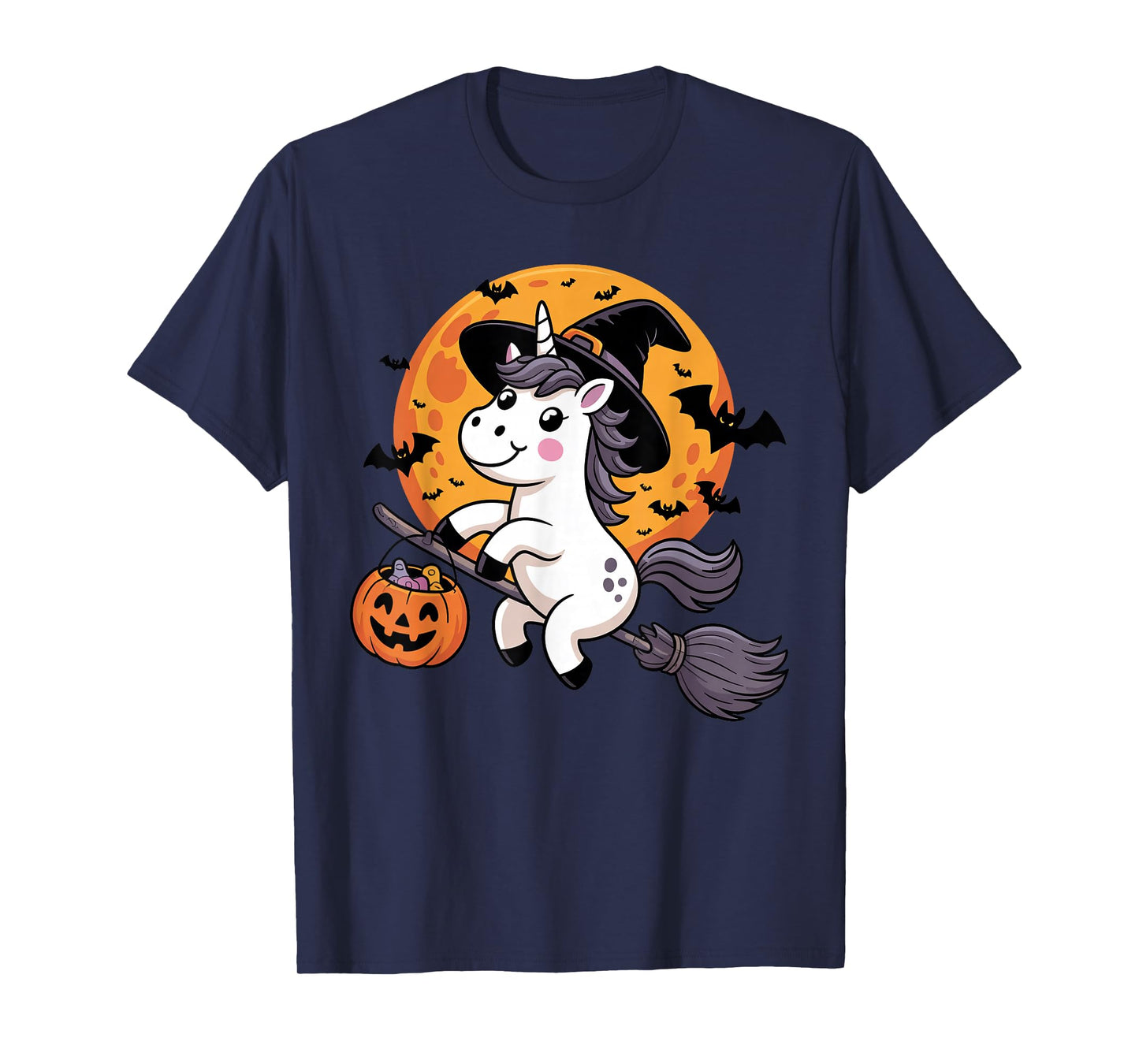 Halloween Unicorn Witch Hat and Broom Pumpkin Candy Bucket T-Shirt