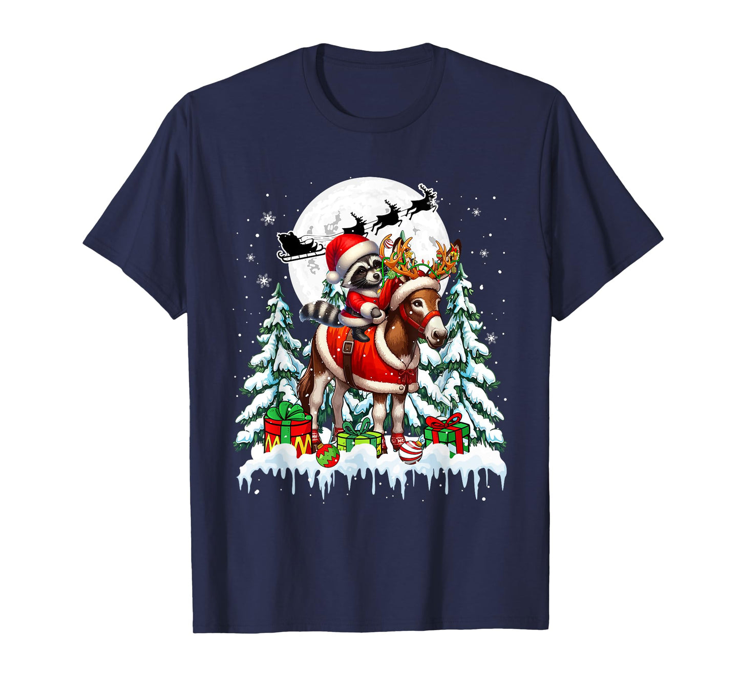 Santa Raccoon Riding Reindeer Donkey Christmas Trees Farmer T-Shirt