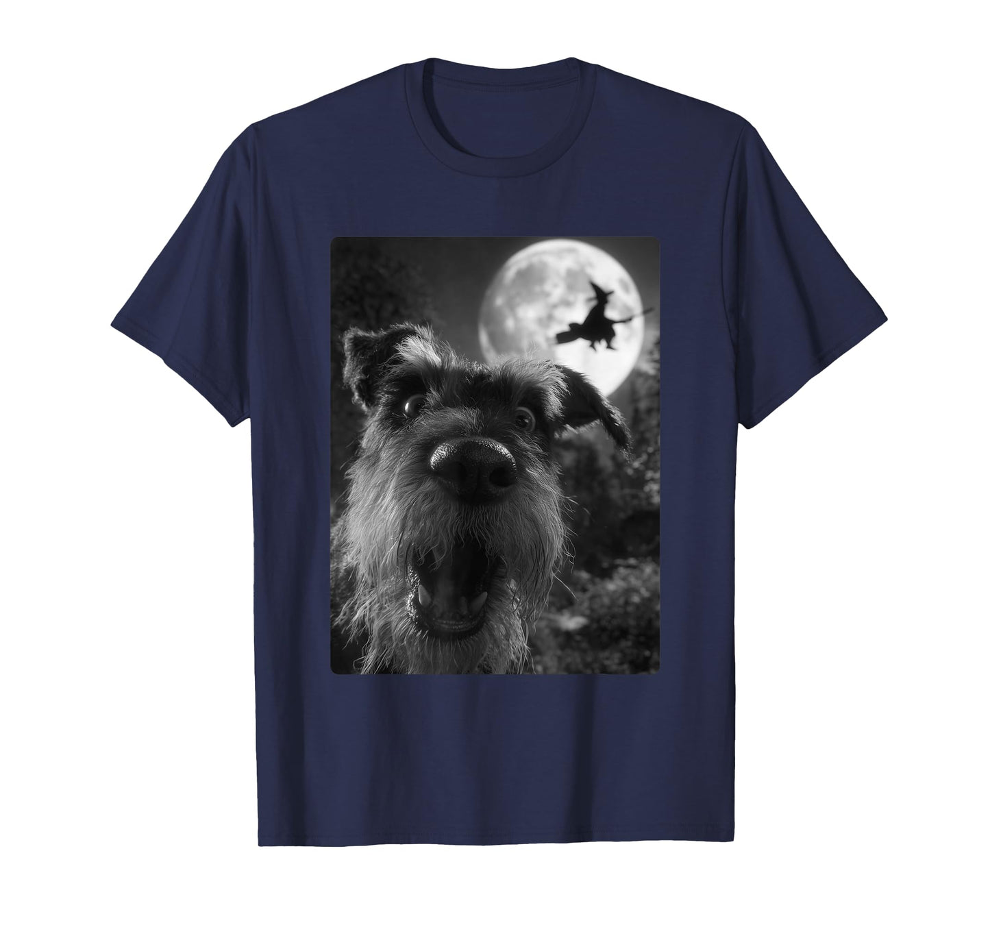 Funny Schnauzer Selfie Full Moon Flying Witch Halloween Dog T-Shirt