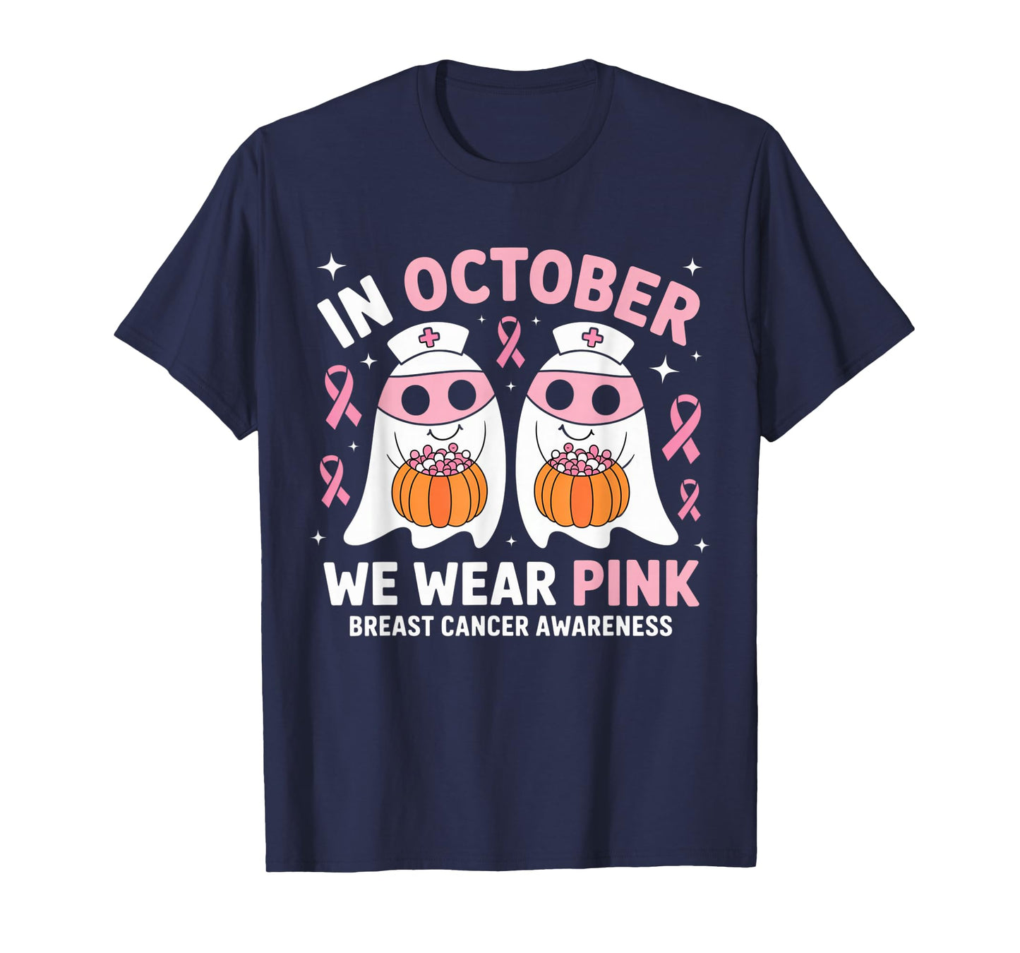 in October We Wear Pink Ghost Witch Breast Cancer Awareness T-Shirt