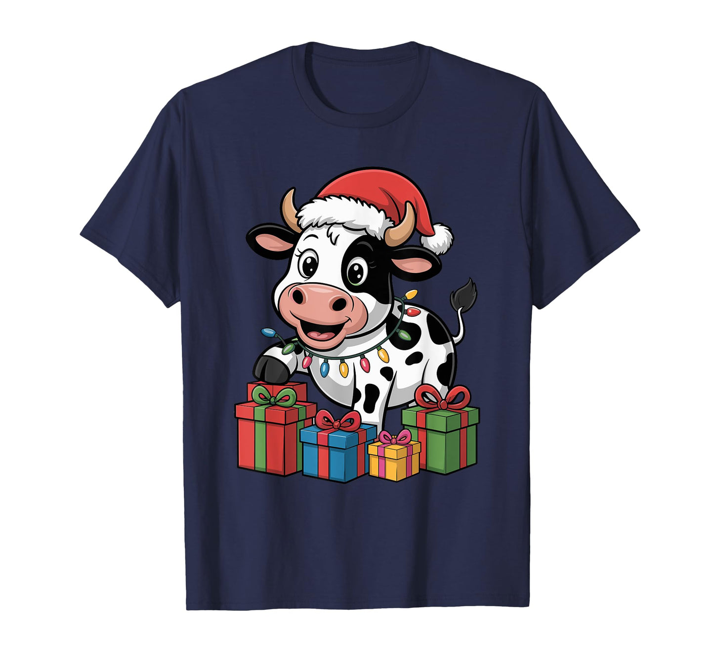 Funny Cow Santa Hat Animals Lovers Ugly Christmas Pajamas T-Shirt