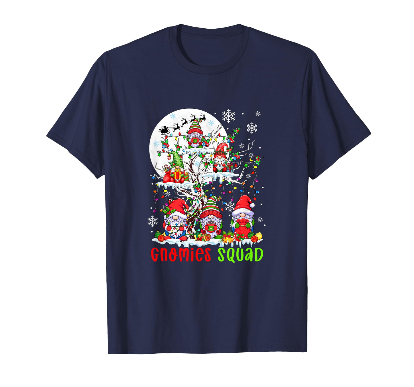 Gnomies Squad Christmas Group Gnomes On Tree Colorful Lights T-Shirt