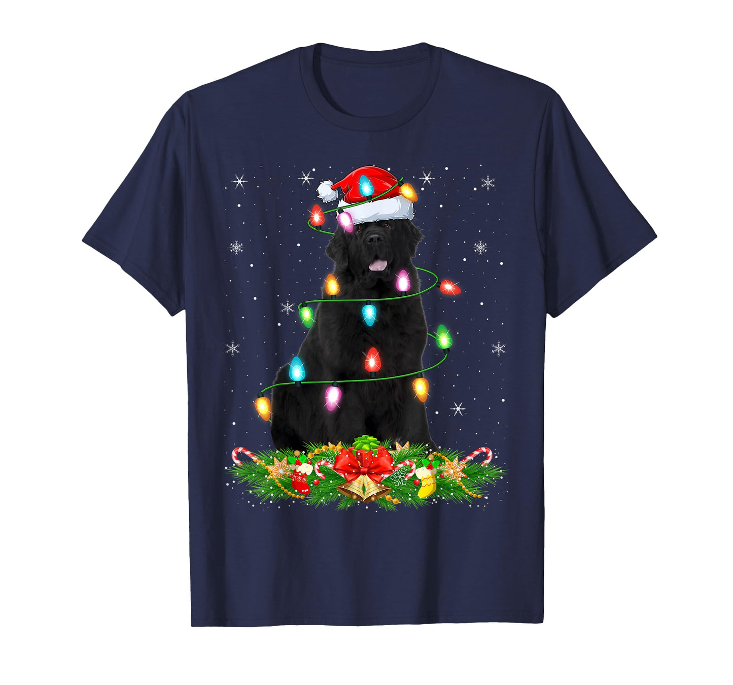 Newfoundland Dog Christmas Lights Funny Santa Hat Xmas T-Shirt