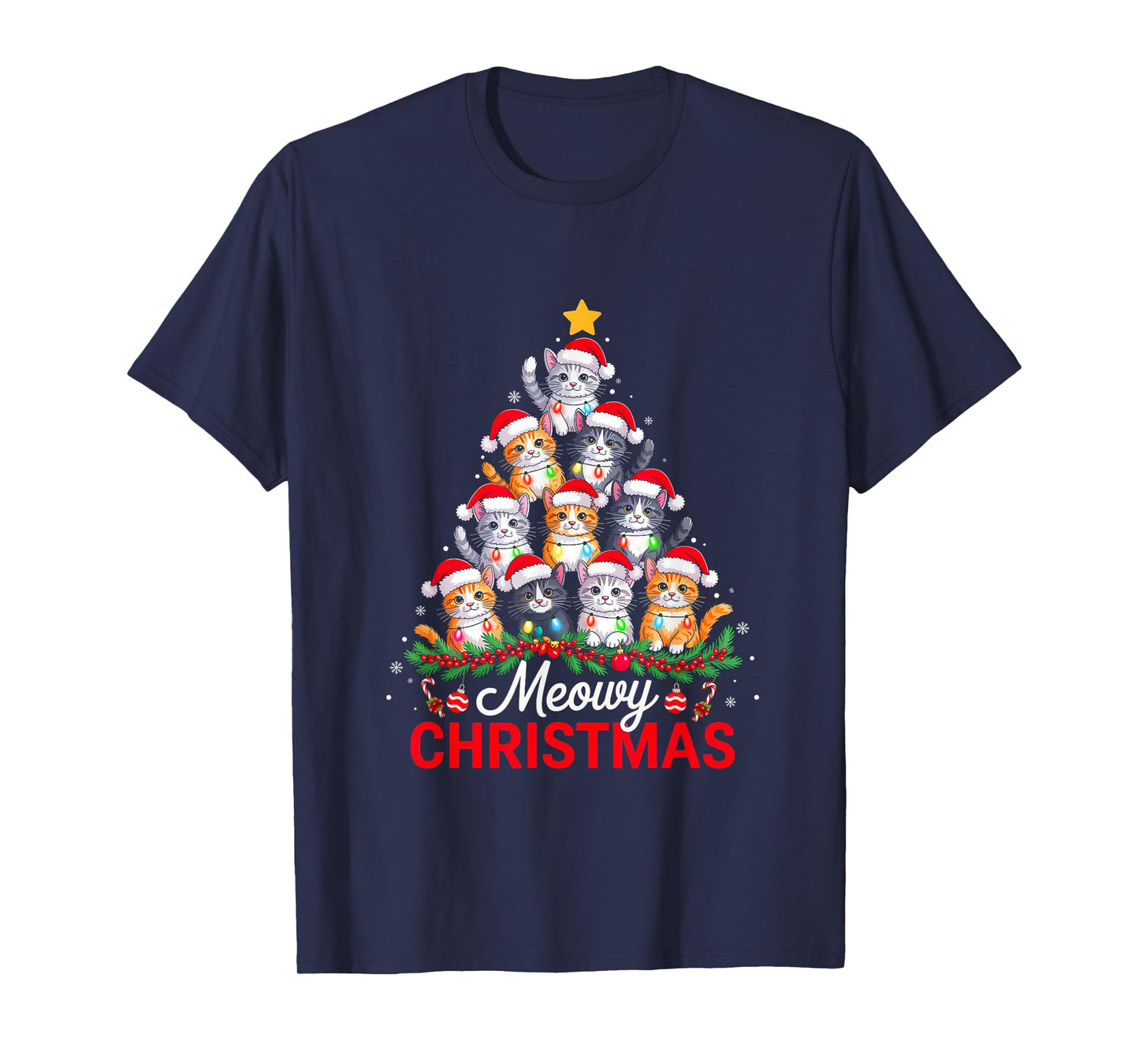Meowy Christmas Tree Lights Cat Santa Xmas Family Men Women T-Shirt
