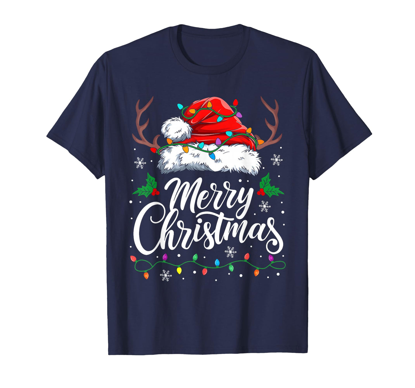 Merry Christmas Lights Red Santa Hat Xmas Family Men Women T-Shirt