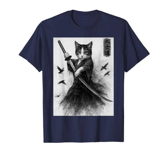 Samurai Cat Vintage Ukiyo-E Warrior Art Graphic Cute Cat Art T-Shirt for Men Women Kids