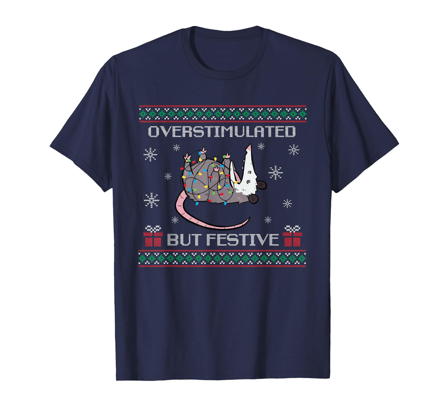 Overstimulated But Festive Opossum Christmas Tree Light Ugly T-Shirt