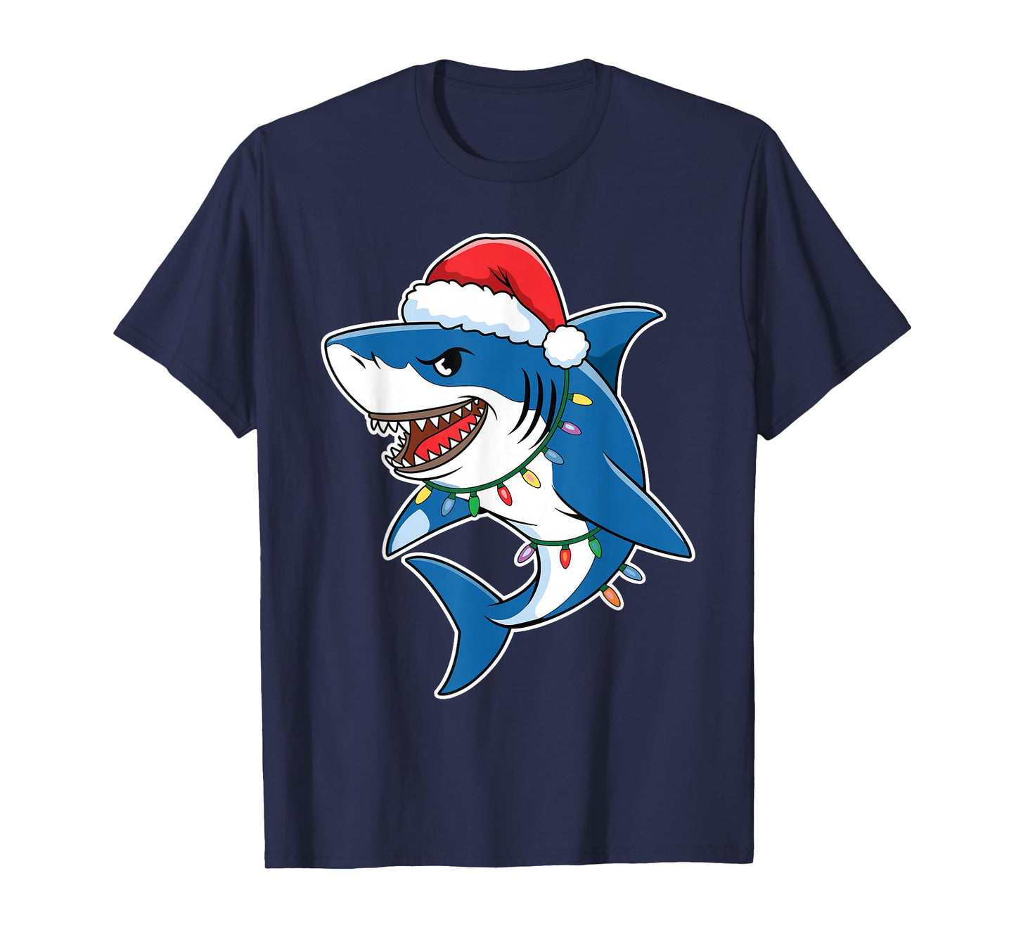 Santa Shark Christmas Lights Sharkmas Tree Xmas Boys Men Tee T-Shirt