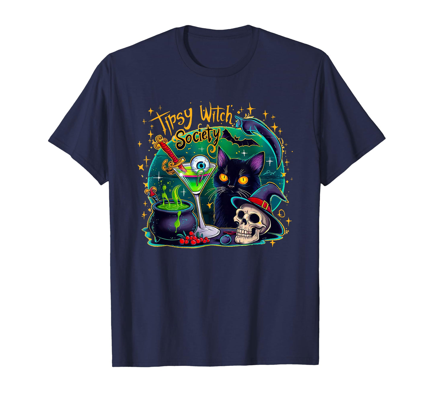 Tipsy Witch Society Halloween Black Cat Cocktail Drinking T-Shirt