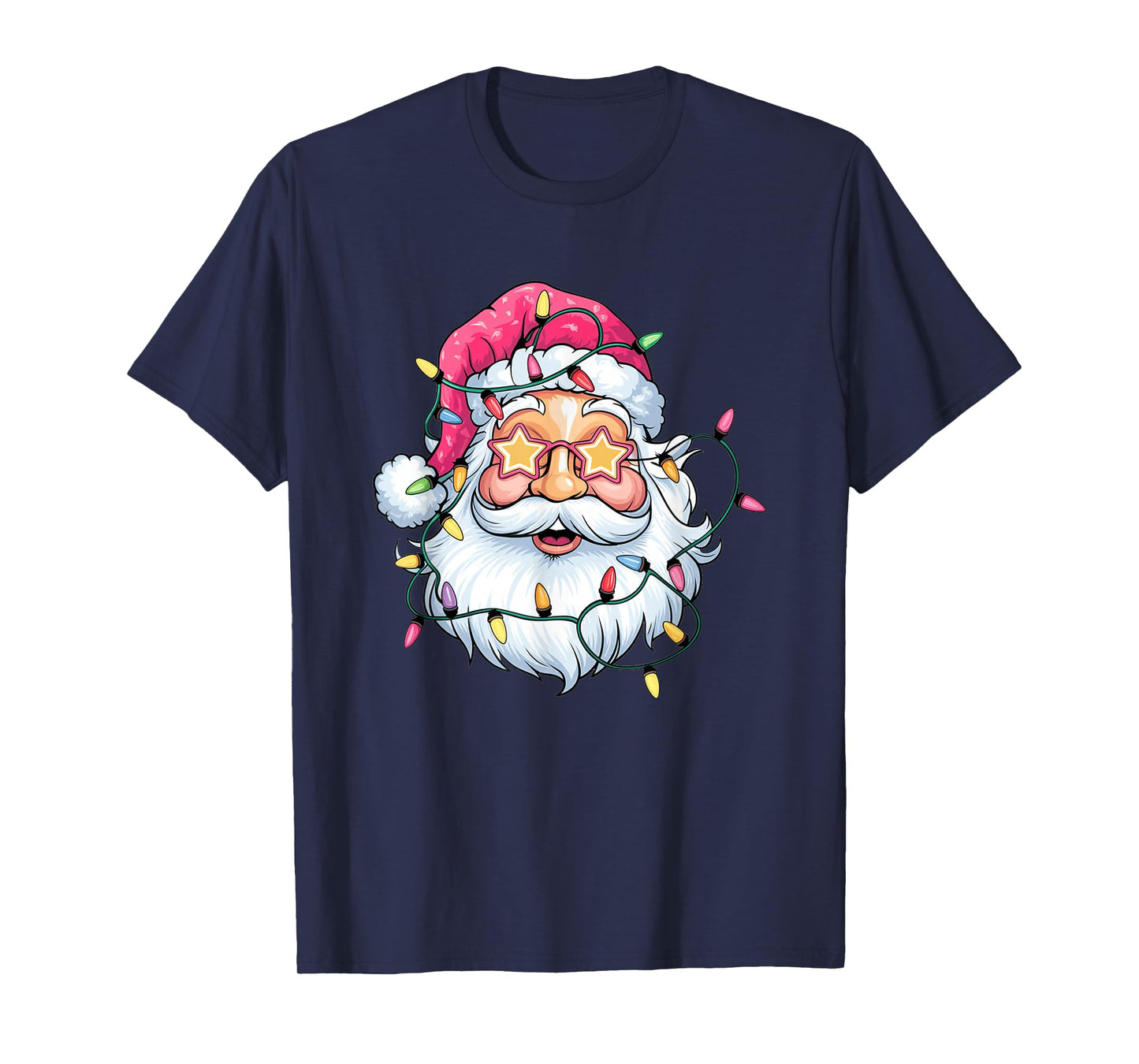 Santa with Star Glasses and Christmas Lights T-Shirt
