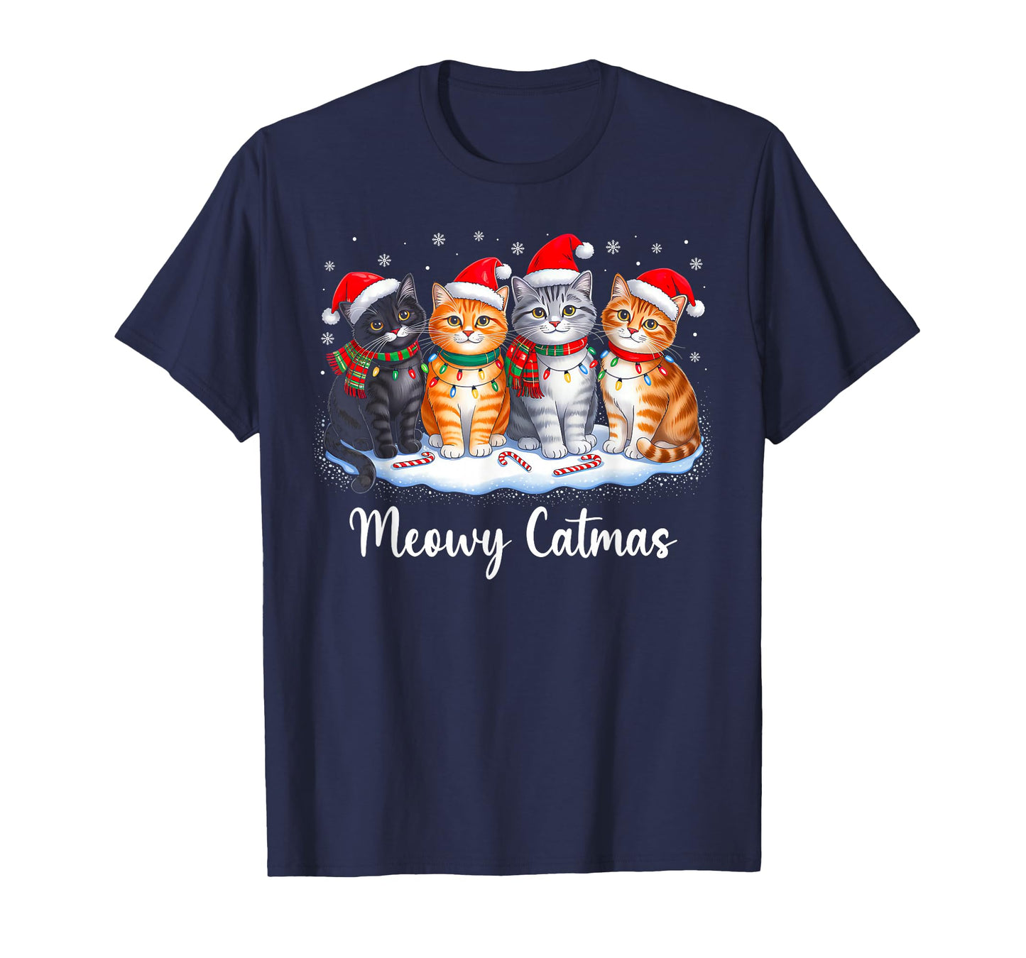 Meowy Catmas Cat Christmas Lights Xmas Pajamas Cat Lover T-Shirt