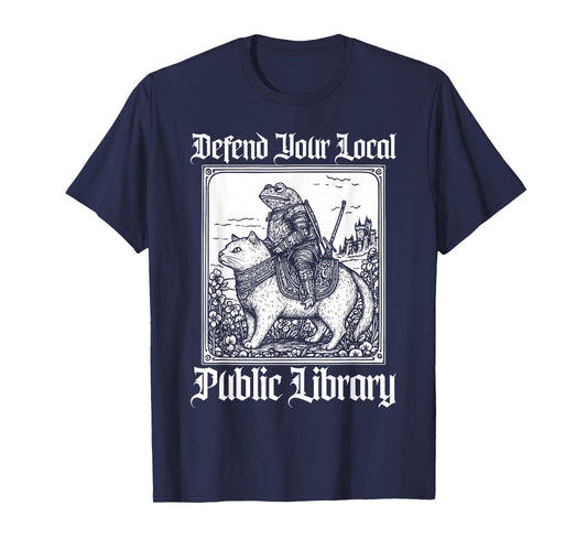 Defend Your Local Public Library Funny Knight Riding Cat T-Shirt