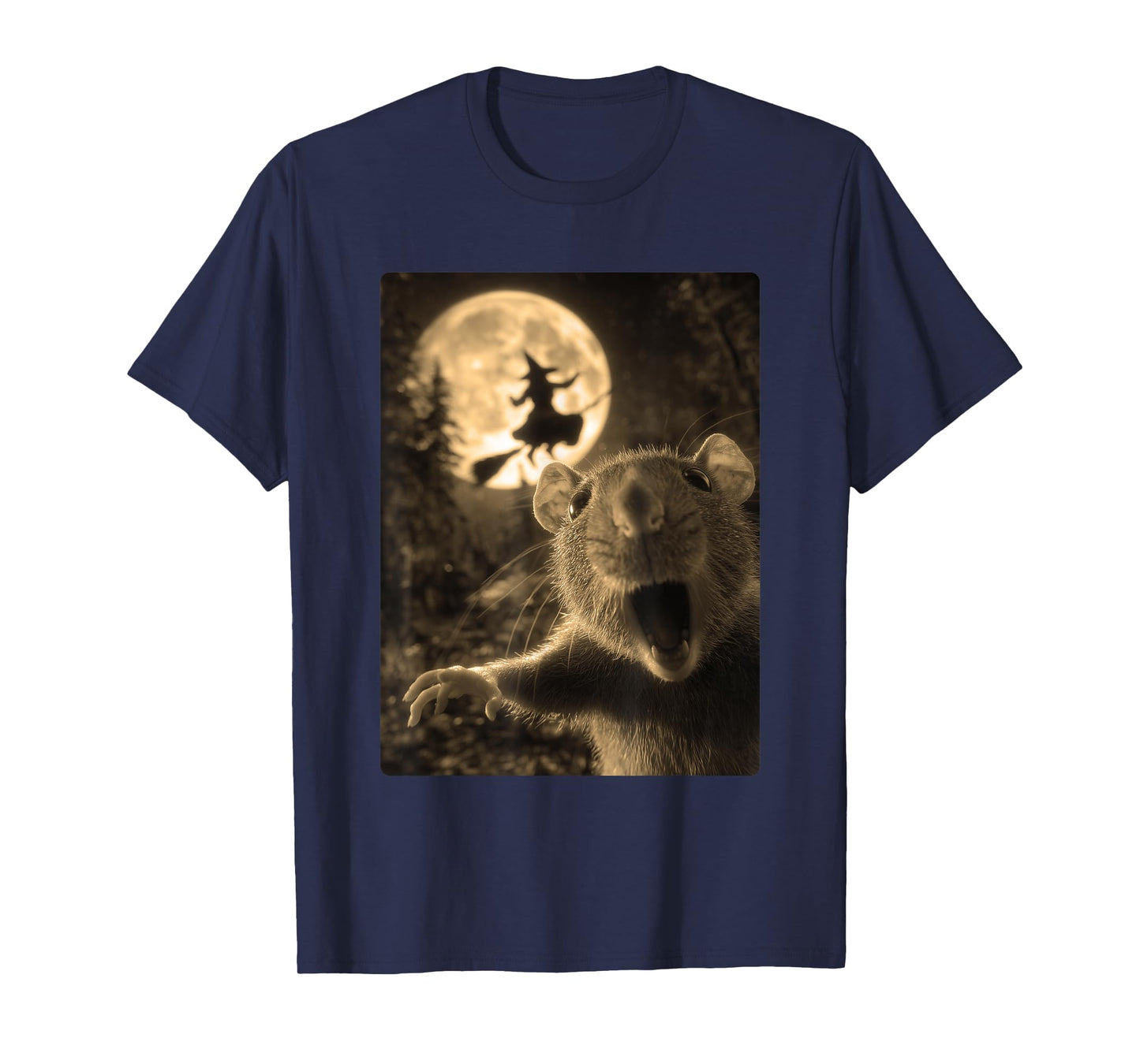 Funny Rat Selfie Full Moon Flying Witch Forest Halloween T-Shirt