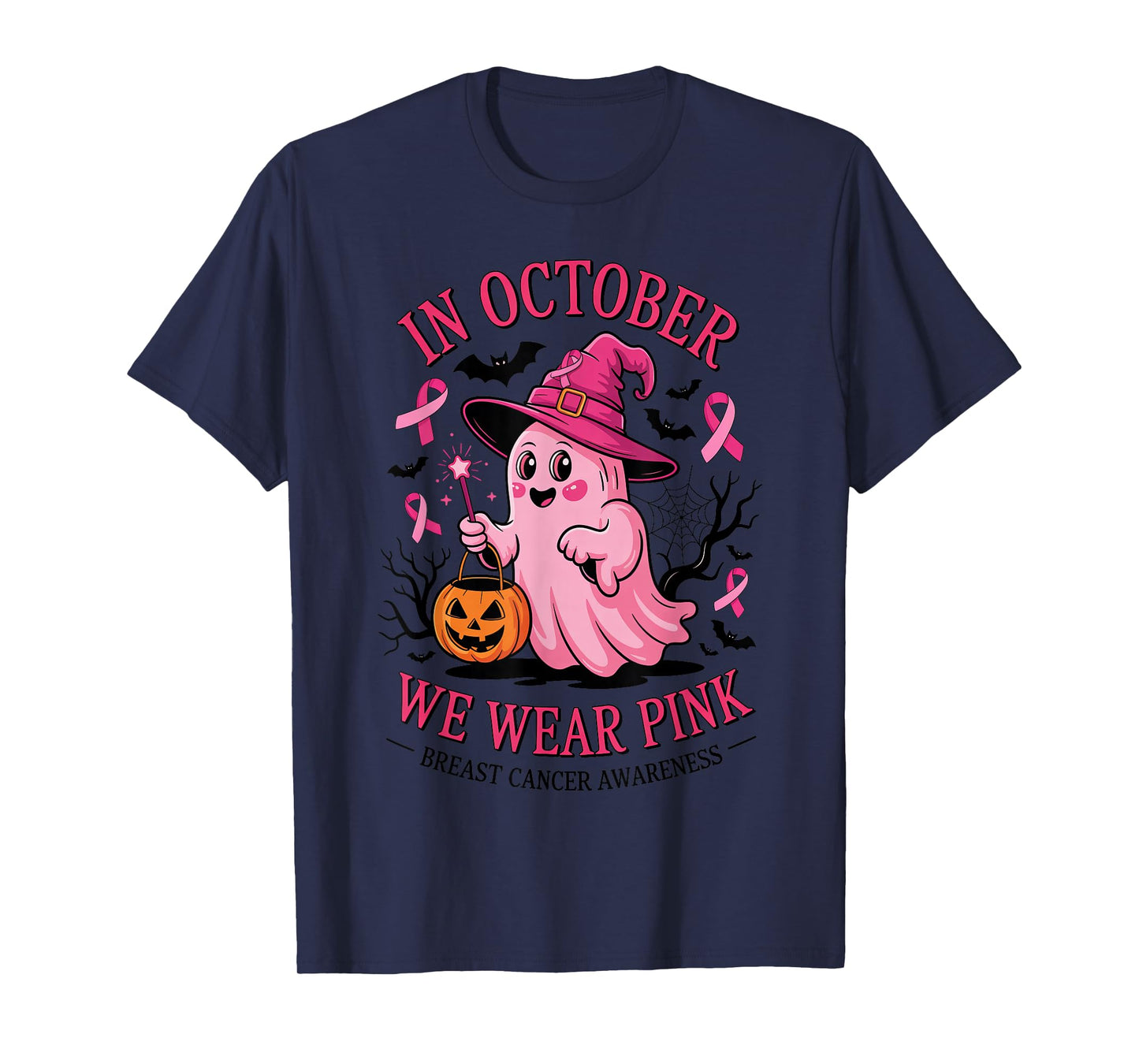Ghost Witch in October We Wear Pink Breast Cancer Awareness T-Shirt