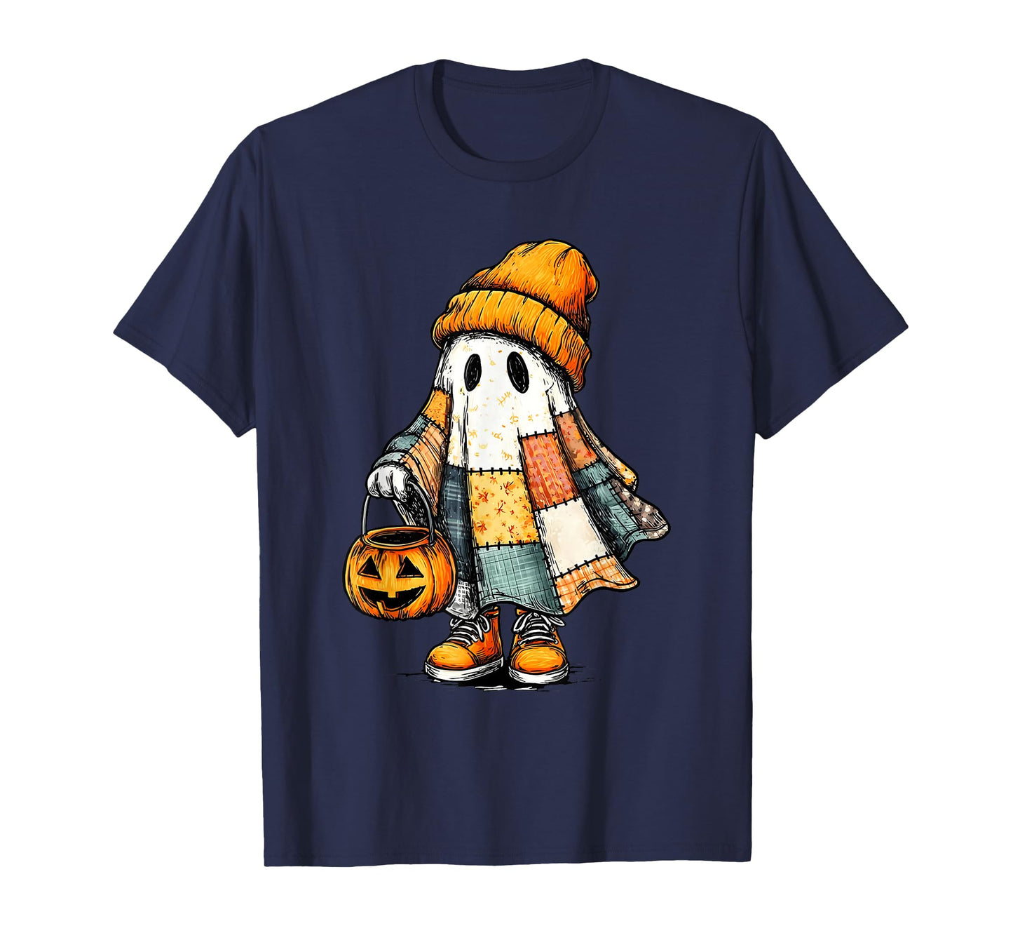 Retro Halloween Ghost Patchwork Spooky Ghost Fall Aesthetic T-Shirt