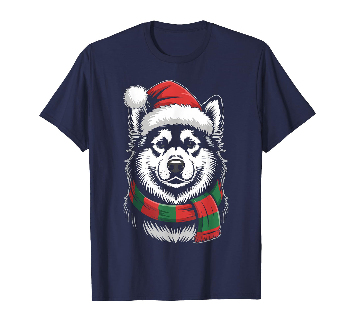 Alaskan Malamute Dog Xmas Santa Hat Scarf Christmas Costume T-Shirt